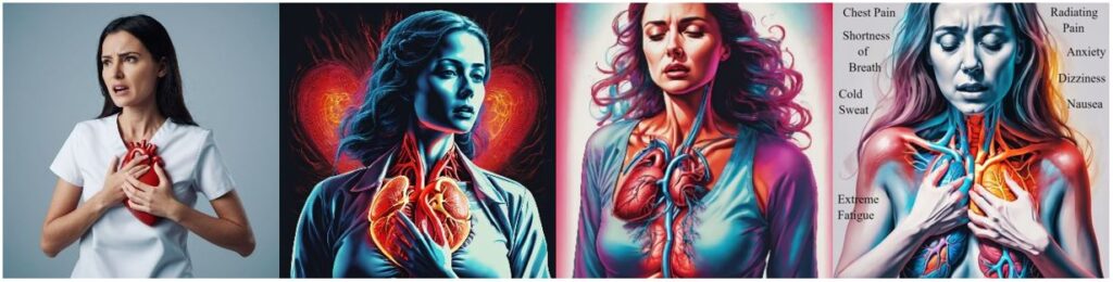 From left to right, increasingly plausible images of a woman having a heart attack.