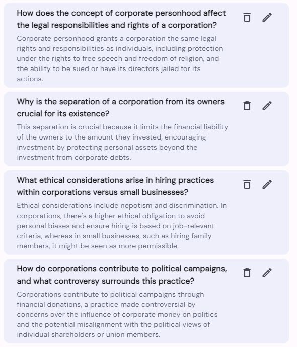 Four AI-produced questions about corporate personhood, followed by answers. Questions are as follows: How does the concept of corporate personhood affect the legal responsibilities and rights of a corporation? Why is the separation of a corporation from its owners crucial for its existence? What ethical considerations arise in hiring practices within corporations versus small businesses? How do corporations contribute to political campaigns, and what controversy surrounds this practice?