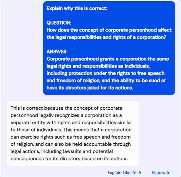 Prompt asks AI to explain why the answer to a particular question about corporate personhood is correct.