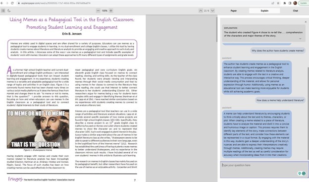 Screenshot of Explainpaper showing an article on the left and the chatbot Q-and-A panel on the right.