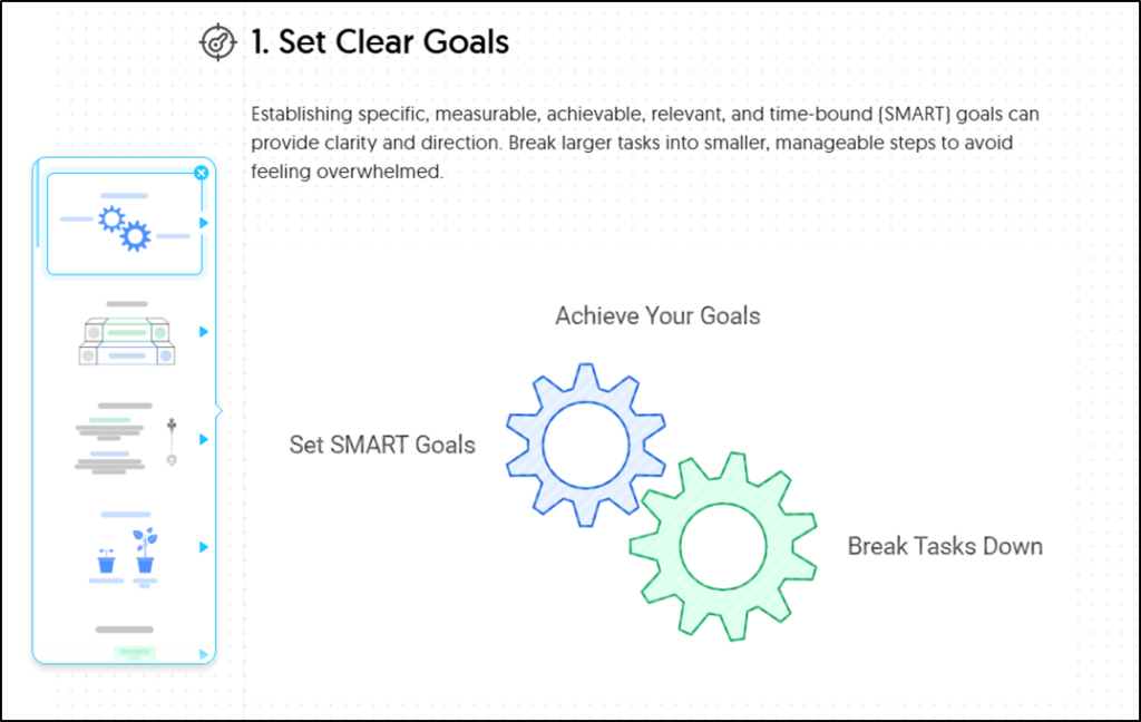 Infographic reading "1. Set Clear Goals: Establishing specific, measurable, achievable, relevant, and time-bound (SMART) goals can provide clarity and direction. Break larger tasks into smaller, manageable steps to avoid feeling underwhelmed." Below, an image of two cogwheels with three labels: "Set SMART Goals" "Achieve Your Goals," and "Break Tasks Down."