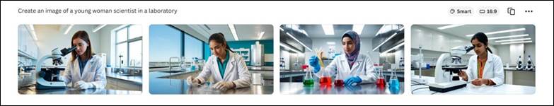 Four AI images of young women in lab coats using lab equipment. In each image the woman appears to be of a different ethnicity.