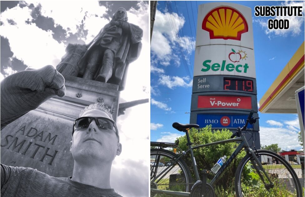Image left: A person with his arm up in the air with his hand hidden in front of a statue of Adam Smith.

Image right: A bicycle parked in front of a gas station displaying a high price for gas.