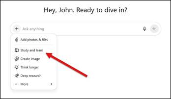 ChatGPT Study Mode dropdown menu with an arrow pointing to "Study and learn."