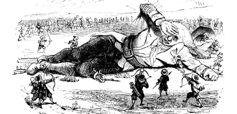 Gulliver's Travels by Jonathan Swift, antique illustration by Granville and others, Travel to Lilliput, Brobdingnag, Laputa, Houyhnhnms (1856)