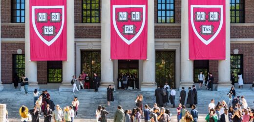 Widener Memorial Library at Harvard University, with Veritas banners hanging and throngs of students on the steps