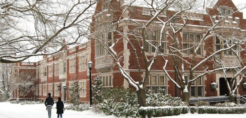 college campus in winter